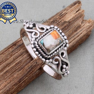 Oyster Copper Turquoise Solid 925 Sterling Silver Ring For Women Handmade Rectangle Bar Stone Band Ring For Wedding Anniversary Gift For Her