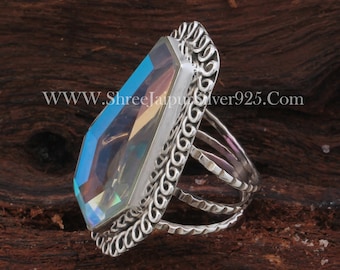 Sterling Silver Rainbow Quartz Ring: Handmade Engraved Coffin Gemstone