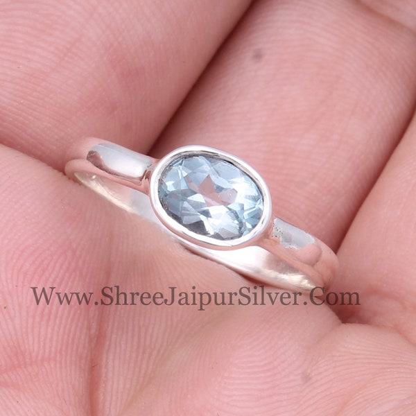 Natural Blue Topaz Oval Cut Stone Solid 925 Sterling Silver Ring For Women, Handmade Solid Silver Ring For Wedding Anniversary Gifts Idea