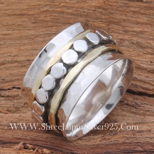 Sterling Silver Spinner Ring: Two-Tone Brass Band, Handmade