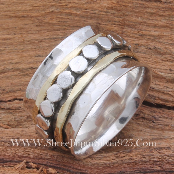 Sterling Silver Spinner Ring: Two-Tone Brass Band, Handmade