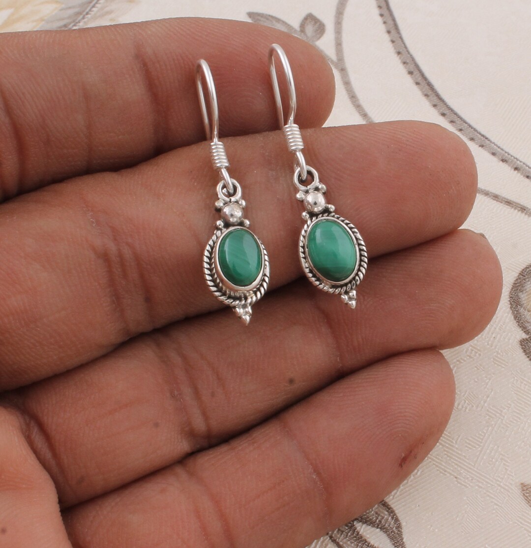 Handmade 925 Silver Malachite Earrings: Green Gemstone Dangle