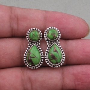 Green Copper Turquoise Sterling Silver Earrings: Handmade Boho Jewelry