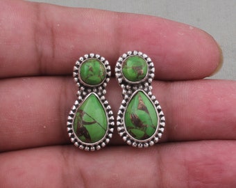 925 Sterling Solid Silver Earrings, Green Copper Turquoise Gemstones Earrings, Opaque With Cabochon Stone Boho Earrings, Handmade Earrings