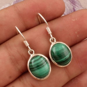 Malachite Oval Shape Gemstone 925 Sterling Silver Earrings, Designer Silver Earrings, Handmade Earrings, Women&#39;s Jewelry, Gift Idea For her