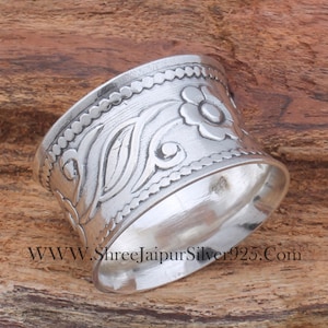 Sterling Silver Engraved Flower Band Ring: Handmade Vine Thumb Ring