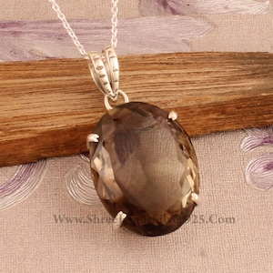 Smoky Quartz Sterling Silver Pendant Necklace - Oval Stone