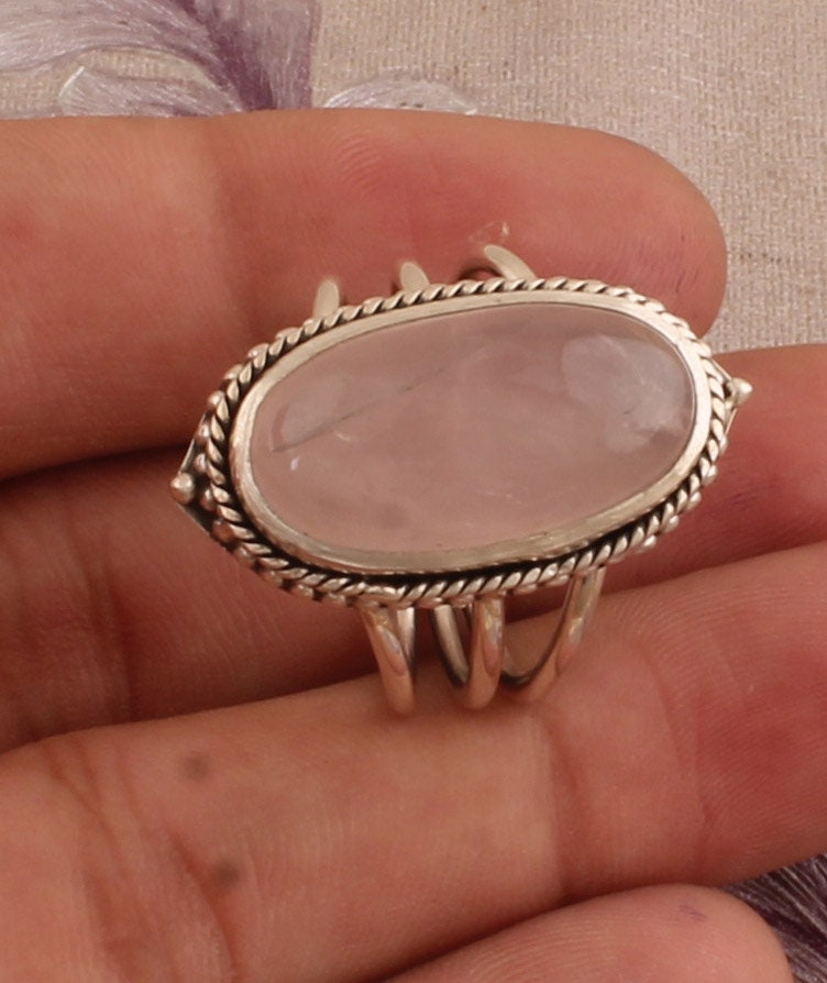 Pink Chalcedony Ring: Handmade 925 Sterling Silver Three Layer Stone
