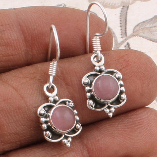 Solid Sterling Silver Pink jade Earrings - Tiny Earrings - October Birthstone Earrings - Opal Jewelry - Pink Stone Earrings 6x6 mm Round Gem