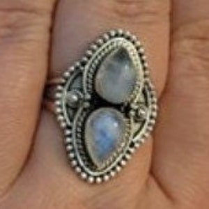 Natural Rainbow Moonstone AAAQuality Gemstone Ring,Two Pear Stone Ring,925-Antique Silver Ring,Middle Finger Ring, Silver Beautiful Ring image 1