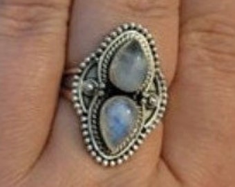 Natural Rainbow Moonstone AAA+Quality Gemstone Ring,Two Pear Stone Ring,925-Antique Silver Ring,Middle Finger Ring, Silver Beautiful Ring