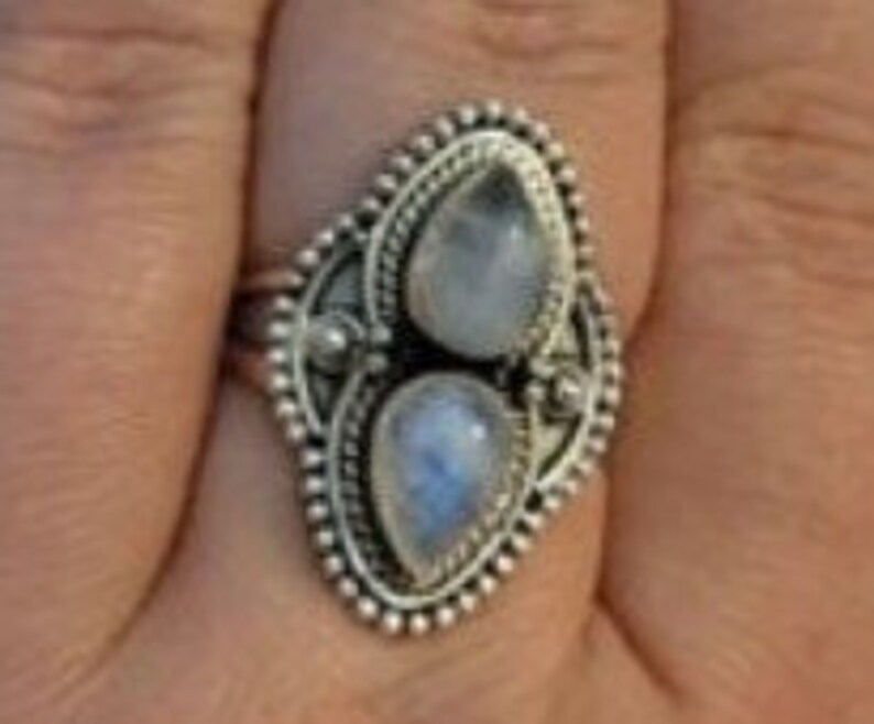 Natural Rainbow Moonstone AAAQuality Gemstone Ring,Two Pear Stone Ring,925-Antique Silver Ring,Middle Finger Ring, Silver Beautiful Ring image 1