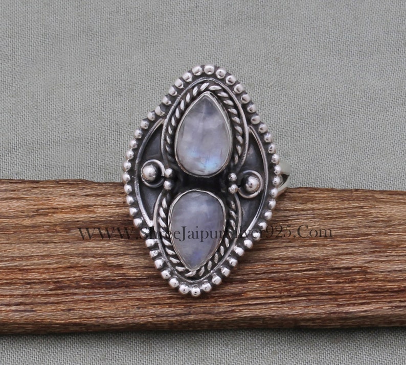 Natural Rainbow Moonstone AAAQuality Gemstone Ring,Two Pear Stone Ring,925-Antique Silver Ring,Middle Finger Ring, Silver Beautiful Ring image 4