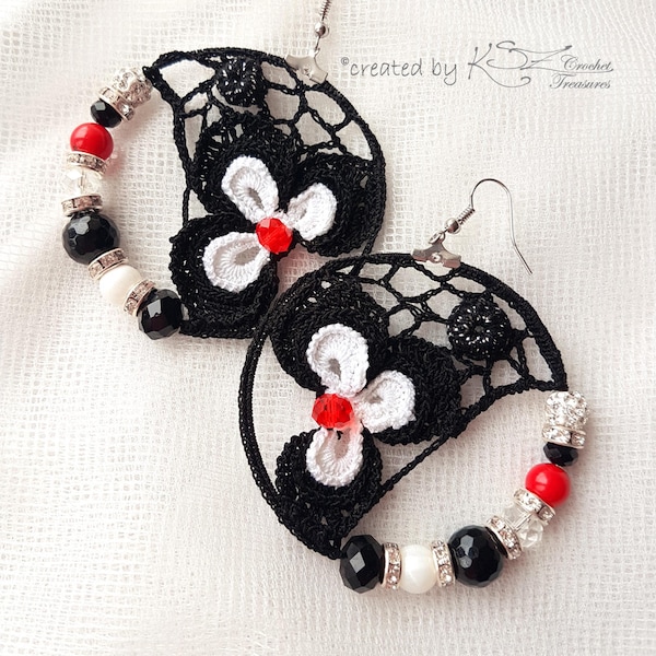 Crochet Hoop Earrings,  Black White Red Color Earrings, Beaded Earrings, Irish Crochet, Handmade Jewelry, Crochet earrings, Crochet flowers