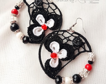 Crochet Hoop Earrings,  Black White Red Color Earrings, Beaded Earrings, Irish Crochet, Handmade Jewelry, Crochet earrings, Crochet flowers