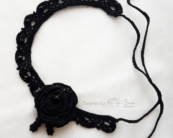 Black Crochet Choker: Gothic Rose, Beaded Cotton Necklace