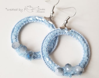 Crochet earrings, Blue crochet earrings, Crochet jewelry, Lace crochet earrings, Hoop earrings, Beaded crochet, Bohemian jewelry