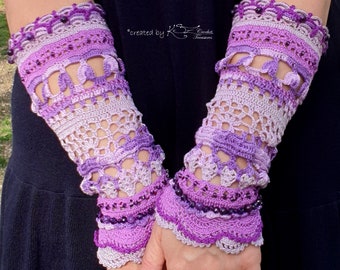 Crochet lace fingerless gloves, Crochet wrist warmers, Purple gloves, Crochet gloves with beads, Lace gloves, Lilac Purple Lace Gloves