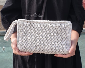 Crochet clutch, Ivory white gold shiny bag, Crochet evening bag, Wedding crochet clutch, Formal crochet bag, Macrame crochet clutch