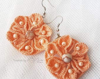 Crochet peach earrings, Crochet hoop earrings with beads, Crochet floral earrings, Peach crochet, Bohemian style earrings, Gift for her