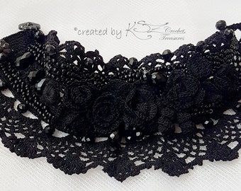 Crochet cuff bracelet, Black crochet cuff, Beaded cuff, Black crochet bracelet, Elegant black cuff, Floral crochet cuff, Plus size cuff