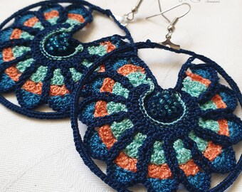Crochet peacock earrings, Colorful earrings, Crochet hoops,  Peacock tail crochet, Dangle crochet earrings, Multicolor crochet earrings