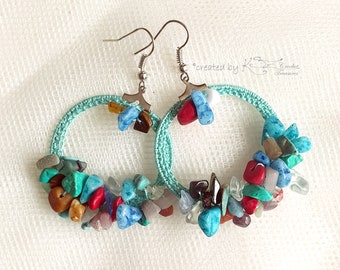 Crochet earrings, Turquoise crochet earrings, Crochet jewelry, Colorful beads earrings, Hoop earrings, Beaded crochet, Bohemian jewelry