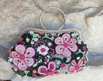 Irish crochet handbag kiss lock floral crochet bag multicolored crochet purse handmade crochet shoulder bag with flowers unique gift for her