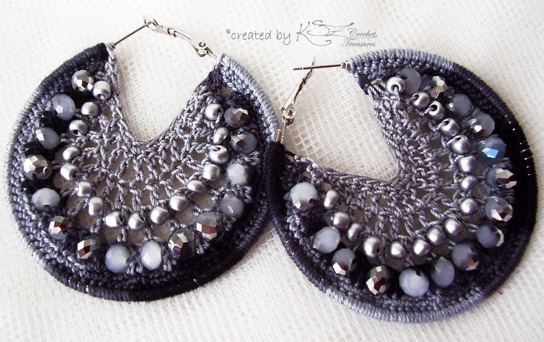 Crochet earrings, Gray earrimgs, Crochet hoops, Beaded earrings, Hoop earrings, Crochet jewelry, Beaded crochet earrings, Shiny earrings image 4