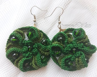 Crochet earrings, Crochet green earrings, Unique jewelry, Green hoop earrings with beads, Crochet jewelry, Fantasy crochet flowers