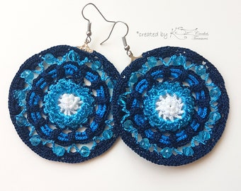 Crochet hoop earrings, Blue earrings, Bohemian style, Beach jewelry, Beaded earrings, Lace crochet earrings, Crochet blue earrings, Handmade