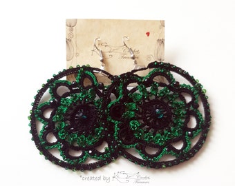 Crochet hoop earrings, Green and black earrings,Elegant earrings, Crochet jewelry, Beaded black earrings, Round lace crochet earrings