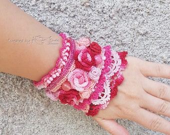 Crochet cuff bracelet, Pink crochet cuff, Lace cotton bracelet, Crochet roses, Beaded cuff bracelet, Bohemian style cuff, Gift for her