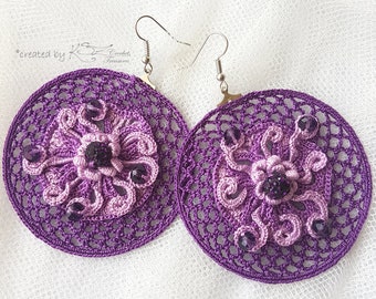 Crochet earrings, Purple earrings, Crochet hoops, Beaded earrings, Dangle earrings, Purple beaded crochet, Fantasy crochet, Crochet jewelry