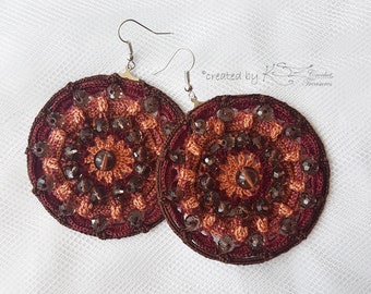 Crochet Hoop Earrings: Bohemian Brown Beaded Cotton Jewelry