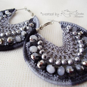 Crochet earrings, Gray earrimgs, Crochet hoops, Beaded earrings, Hoop earrings, Crochet jewelry, Beaded crochet earrings, Shiny earrings image 1