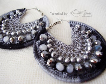 Crochet earrings, Gray earrimgs, Crochet hoops, Beaded earrings, Hoop earrings, Crochet jewelry, Beaded crochet earrings, Shiny earrings