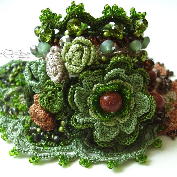 Crochet cuff, Crochet bracelet, Wrist cuff, Green bracelet, Handmade jewelry, Beaded cuff, Lace bracelet, Statement bracelet, Floral cuff