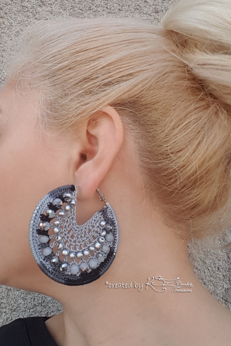 Crochet earrings, Gray earrimgs, Crochet hoops, Beaded earrings, Hoop earrings, Crochet jewelry, Beaded crochet earrings, Shiny earrings image 2