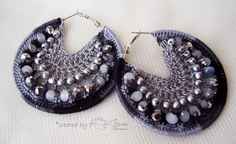 Crochet earrings, Gray earrimgs, Crochet hoops, Beaded earrings, Hoop earrings, Crochet jewelry, Beaded crochet earrings, Shiny earrings image 3