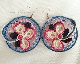 Crochet hoop earrings, Irish crochet earrings, Floral crochet jewelry, Blue Pink earrings, Bohemian style, Crochet earrings, Lace crochet