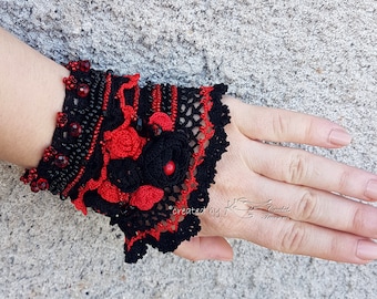 Crochet cuff bracelet, Black Red crochet cuff, Beaded cuff, Black crochet bracelet, Elegant crochet cuff, Floral crochet cuff, Red bracelet