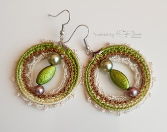 Crochet earrings, Crochet hoop earrings, Beaded crochet, Natural colors crochet earrings, Green crochet earrings, Beaded earrings