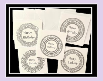 Half Mandala greetings cards black ink printed on white card pack pack of X5 - set 1