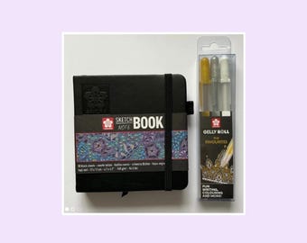 Sakura square hardback sketchbook with black pages and x3 08 mixed Gelly roll pens. Gold, Silver & white