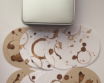 Square tin with 10 coffee stained round art Tiles