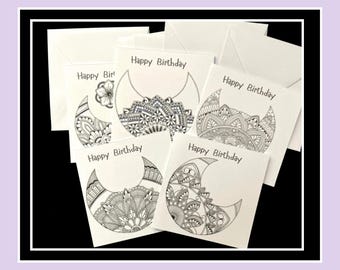 Moon Mandala greetings cards black ink printed on white card pack pack of X5 - set 1