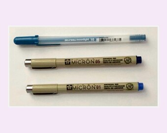 Sakura blue fine liner pens and gelly roll pen 10 Moonlight blue pack of 3 - mixed nib sizes