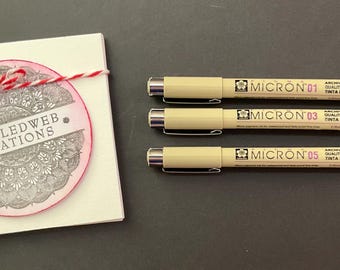 10 White 9.2x9.2cms artist Tangle Tiles with x3 Sakura black micron fine liner pens