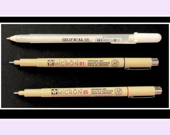 Sakura pens Brown & Sepia fine liner pens 01, 05 and white 08 gelly roll pen mixed nibs pack of X3